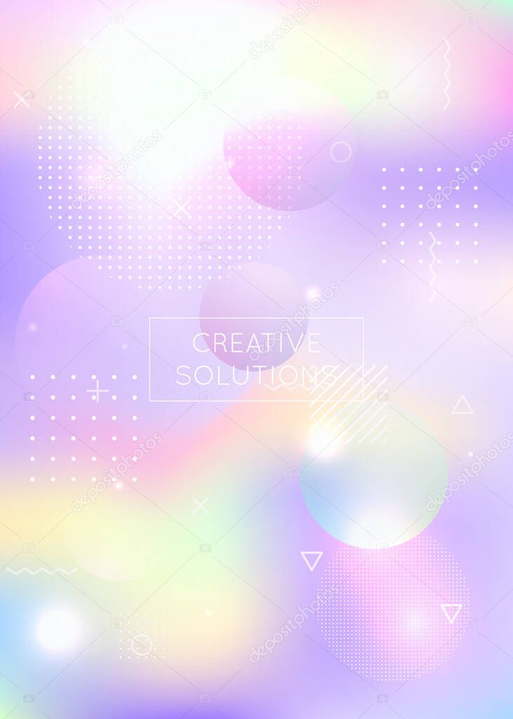 Fluid shapes background with liquid dynamic elements. Holographic bauhaus gradient with memphis. Graphic template for flyer, ui, magazine, poster, banner and app. Pearlescent fluid shapes background.