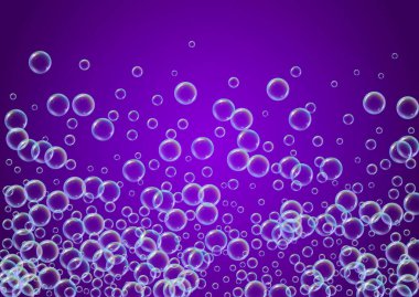 Sabun temizleme köpüğü arka planı. Şampuan köpükleri ve köpükler. Şık bir sprey ve sıçrama. Gerçekçi su çerçevesi ve sınır. 3D vektör illüstrasyon posteri. Mor renkli sıvı sabun temizliği.