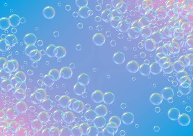 Arkaplanda sabun köpüğü var. Gerçekçi su kabarcıkları 3 boyutlu. Şampuan köpüklü serin gökkuşağı renkli sıvı köpük. Yatay kozmetik broşür ve davetiye. Banyo ve duş için sabun köpüğü. Vektör EPS10.