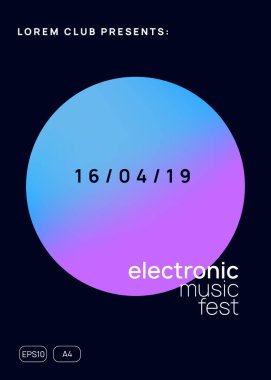 Müzik broşürü. Akışkan holografik gradyan şekil ve çizgi. Modern disko partisi dergisi şablonu. Elektronik ses. Gece dansı yaşam tarzı tatili. Yaz festivali ve müzik broşürü posteri..