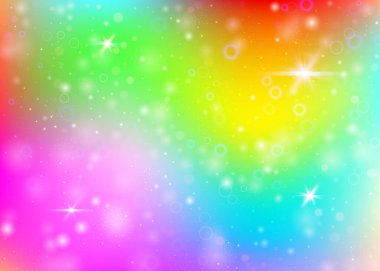 Gökkuşağı örgülü sihirli bir arka plan. Prenses renginde sevimli evren afişi. Hologramla fantezi gradyanı. Peri parıltıları, yıldızlar ve bulanıklıklarla holografik büyü arka planı.