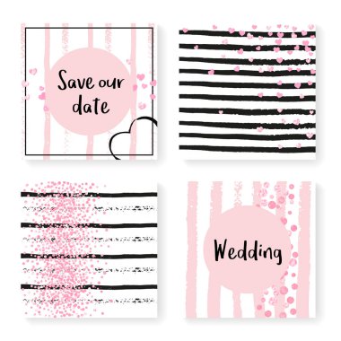 Parlak konfeti ve çizgili düğün davetiyesi. Siyah ve pembe arka planda pembe kalpler ve noktalar. Düğün davetiyeli tasarım parti, etkinlik, düğün partisi, tarih kartı kaydet.