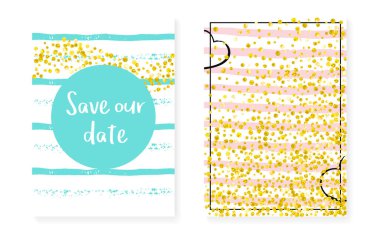 Noktalı ve pullu gelin partisi. Altın parıltılı konfetiyle düğün davetiyesi. Dikey çizgili arka plan. Parti, olay için hazırlanmış yumuşak bir gelin partisi, tarih ilanını kaydet.