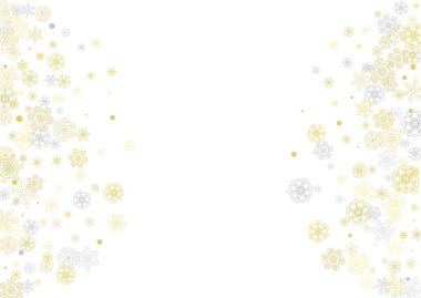 Beyaz arka planda altın kar taneleri çerçevesi. Yeni yıl teması. Bayram afişi, kart, satış ve özel fiyat için yatay parlak bir Noel çerçevesi. Altın kar taneleriyle yağan kar ve parti için ışıltı.