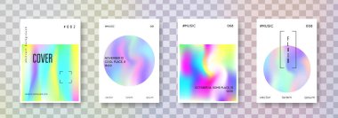 Minimalist poster seti. Soyut arka planlar. Gradyan örgülü canlı minimalist poster. 90 'lar, 80' ler modası. Broşür, pankart, duvar kağıdı, mobil ekran için Pearlescent grafik şablonu