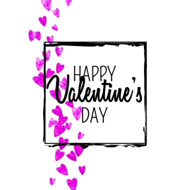 Pembe kalpli sevgililer günü kartı. 14 Şubat. Sevgililer Günü kartı şablonu için vektör konfetisi. Grunge el çizimi dokusu. Özel iş teklifi, afiş, broşür için aşk teması.