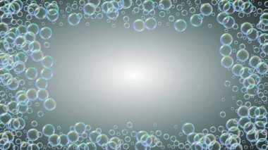 Sabun temizleme köpüğü arka planı. Şampuan köpükleri ve köpükler. 3D vektör illüstrasyon posteri. Parlak püskürtme ve sıçrama. Gerçekçi su çerçevesi ve sınır. Gri renkli sıvı sabun temizliği.