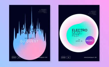 Yaz müzik seti. Yaratıcı tekno parti dergisi tasarımı. Elektronik ses. Gece dansı yaşam tarzı tatili. Akışkan holografik gradyan şekil ve çizgi. Yaz müziği için afiş ve broşür.