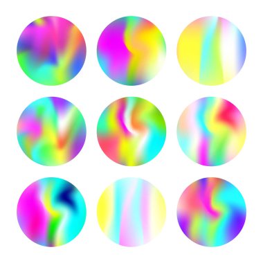 Holografik soyut arkaplanlar ayarlandı. Gradyan örgülü çok renkli holografik arkaplan. 90 'lar, 80' ler modası. Pankart, uçucu, kapak, mobil arayüz, web uygulaması için yanardöner grafik şablonu.