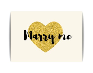 Aşk sembollü tipografik düğün kartı. Mesajla evlen benimle. Parlak pullu altın dokular. Sevgililer günü kartı, düğün davetiyesi, tişört, etiketler, kartpostallar. Vektör EPS10 illüstrasyonu.