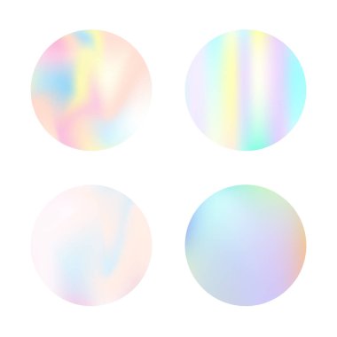Gradyan yuvarlak set ve holografik ağ. Plastik soyut eğimli yuvarlak arka planlar. 90 'lar, 80' ler modası. Pankart, el ilanı, kapak, mobil arayüz, web uygulaması için Pearlescent grafik şablonu.