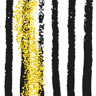 Siyah çizgilerdeki altın parıltılı konfeti. Metalik pırıltısıyla düşen pullar. Tebrik kartı, düğün öncesi parti ve davetiye için altın parıltılı noktalar tasarla.