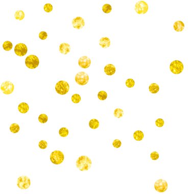 Arkaplanda noktalar olan altın parıltısı konfetileri. Parlak parıltılı pullarla rastgele düşen pullar. Parti davetiyesi, afiş, afiş, doğum günü kartı için altın parıltılı konfeti şablonu..