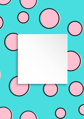 Pop sanatının renkli konfeti geçmişi. Siyah noktalar ve mürekkep çizgileriyle beyaz arka planda büyük renkli lekeler ve daireler. Pop sanat tarzında 3 boyutlu kağıt tabakla afiş. Broşür, satış ve reklam için canlı tasarım