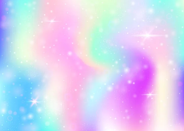 虹色のメッシュでホログラフィックな背景 プリンセスカラーの液体宇宙バナー ホログラムでファンタジーグラデーションの背景 妖精の輝きとホログラフィックな魔法の背景 星とぼかし — ストックベクタ