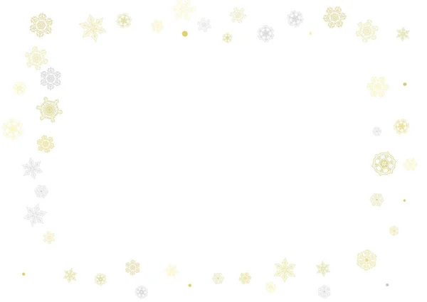 Gouden Sneeuwvlokken Frame Witte Achtergrond Nieuwjaarsthema Horizontaal Glanzend Kerstframe Voor — Stockvector