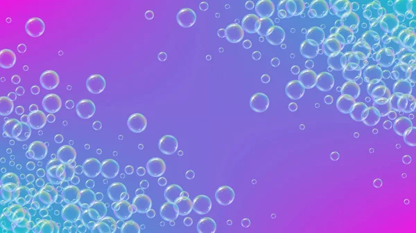 シャンプーフォームと洗剤石鹸でバブル背景 創造的なスプレーとスプラッシュ 現実的な水のフレームと境界線 3Dベクトルイラストポスター 紫色のカラフルな液体バブルの背景 — ストックベクタ
