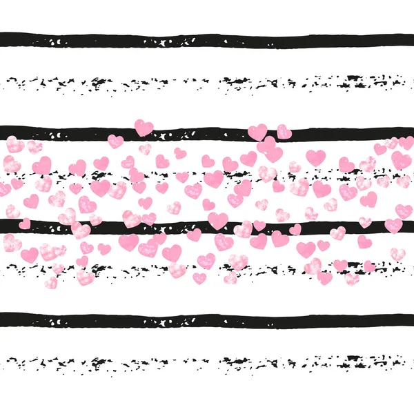 Pink Glitter Hearts Confetti Black Stripes Shiny Random Sequins Metallic — Stock Vector