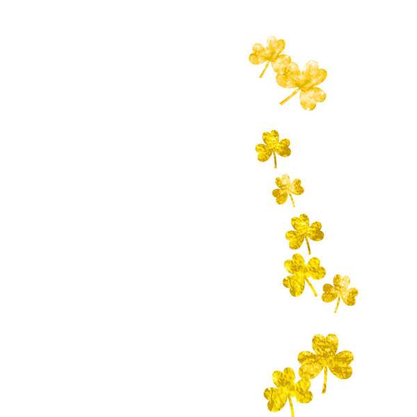 День святого Патрика с трилистником. Счастливые конфетти из трилистника. Блестящая рамка листьев клевера. Шаблон для подарочных купонов, ваучеров, объявлений, мероприятий. Дублинский день святого Патрика.