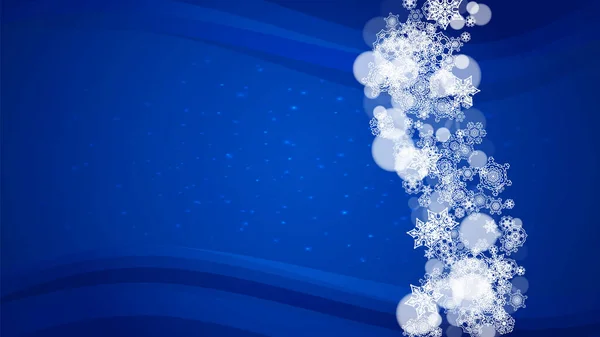 青い背景の新年の境界線 水平冬のテーマ 雪が降るクリスマスと新年の境界線 シーズン販売のために 特別オファー バナー カード パーティー招待状 チラシ 白い雪 — ストックベクタ