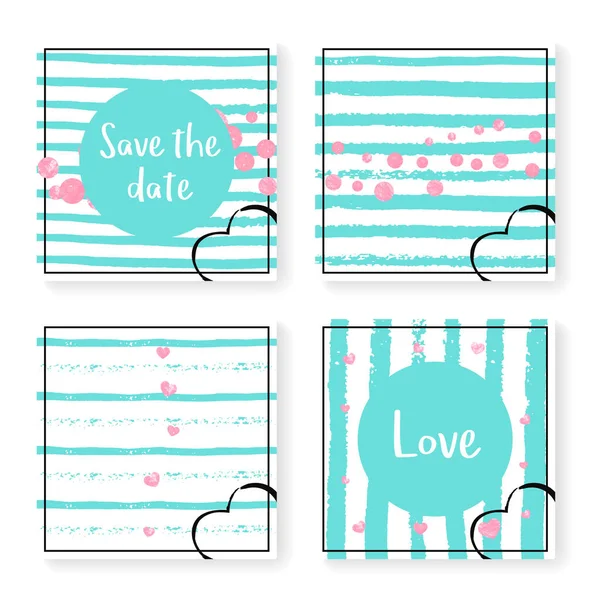 Wedding Invitation Set Glitter Confetti Stripes Pink Hearts Dots Mint — Stock Vector