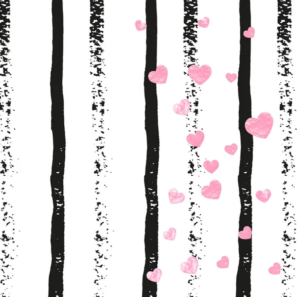 Confettis Coeur Paillettes Sur Rayures Noires Paillettes Tombantes Aléatoires Brillantes — Image vectorielle