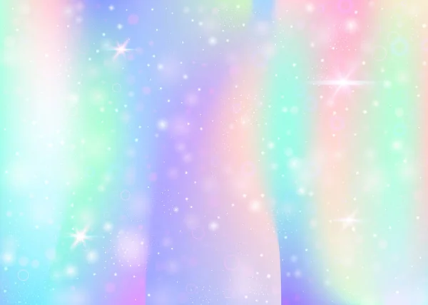 虹色のメッシュで魔法の背景 プリンセスカラーのかわいい宇宙バナー ホログラムでファンタジーグラデーションの背景 妖精の輝きとホログラフィックな魔法の背景 星とぼかし — ストックベクタ