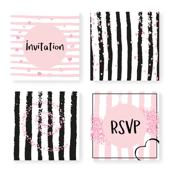Ensemble Invitation Mariage Avec Confettis Aux Paillettes Rayures Coeurs Points — Image vectorielle