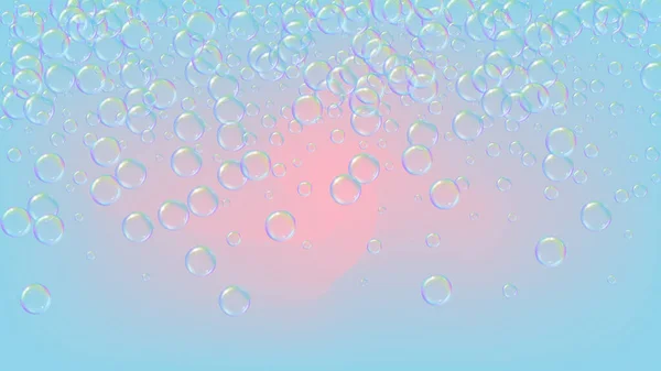 シャンプーフォームと洗剤石鹸でバブル背景 明るいスプレーとスプラッシュ 現実的な水のフレームと境界線 3Dベクトルイラストポスター 紫色のカラフルな液体バブルの背景 — ストックベクタ