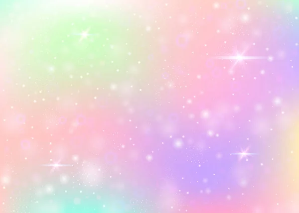 虹色のメッシュで魔法の背景 プリンセスカラーのかわいい宇宙バナー ホログラムでファンタジーグラデーションの背景 妖精の輝きとホログラフィックな魔法の背景 星とぼかし — ストックベクタ