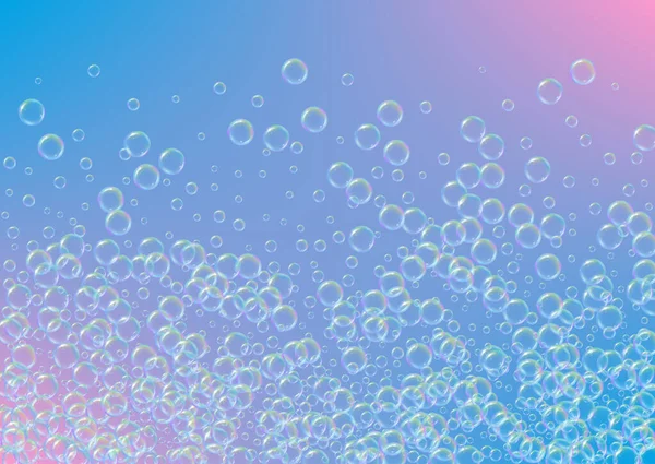 グラデーションの背景に石鹸泡 現実的な水の泡3D シャンプー泡でクールな虹色の液体泡 水平化粧チラシと招待 お風呂やシャワー用の石鹸泡 ベクトルEps10 — ストックベクタ