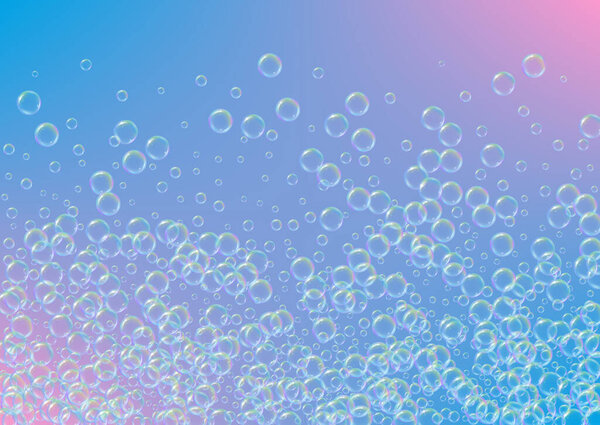 Soap foam on gradient background. Realistic water bubbles 3d. Cool rainbow colored liquid foam with shampoo bubbles. Horizontal cosmetic flyer and invite. Soap foam for bath and shower. Vector EPS10.