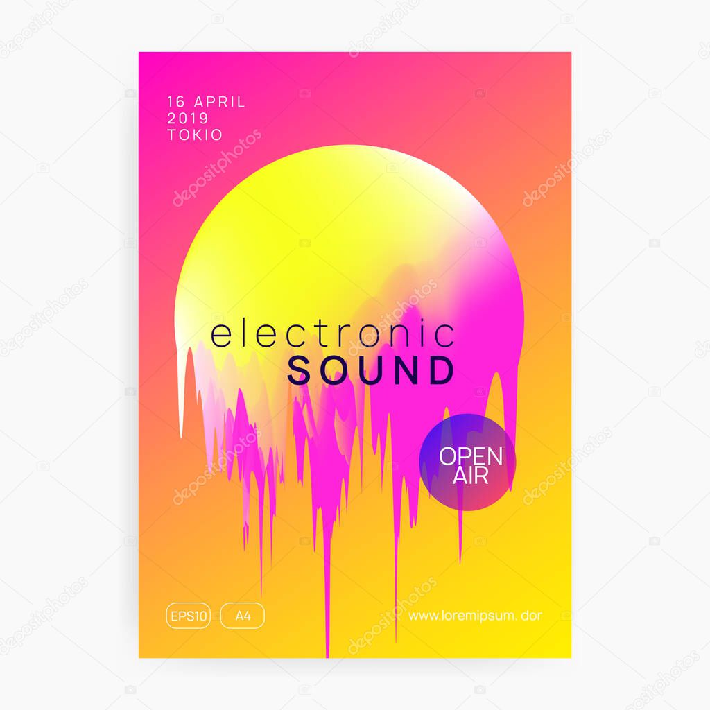 Music fest. Dynamic disco club presentation template. Electronic sound. Night dance lifestyle holiday. Fluid holographic gradient shape and line. Summer poster and music fest flyer.