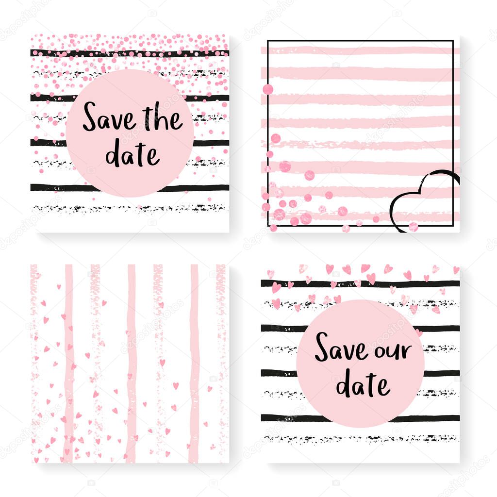 Wedding invite set with glitter confetti and stripes. Pink hearts and dots on black and pink background. Template with wedding invite set for party, event, bridal shower, save the date card.