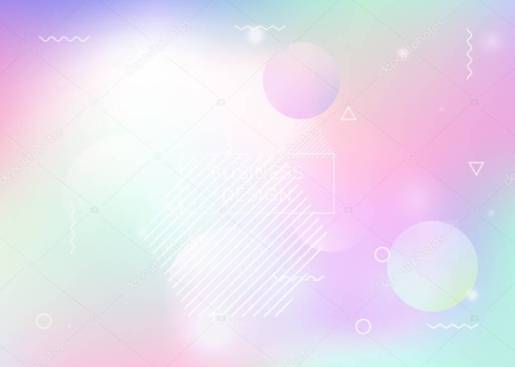 Dynamic shape background with liquid fluid. Holographic bauhaus gradient with memphis elements. Graphic template for brochure, banner, wallpaper, mobile screen. Plastic dynamic shape background.