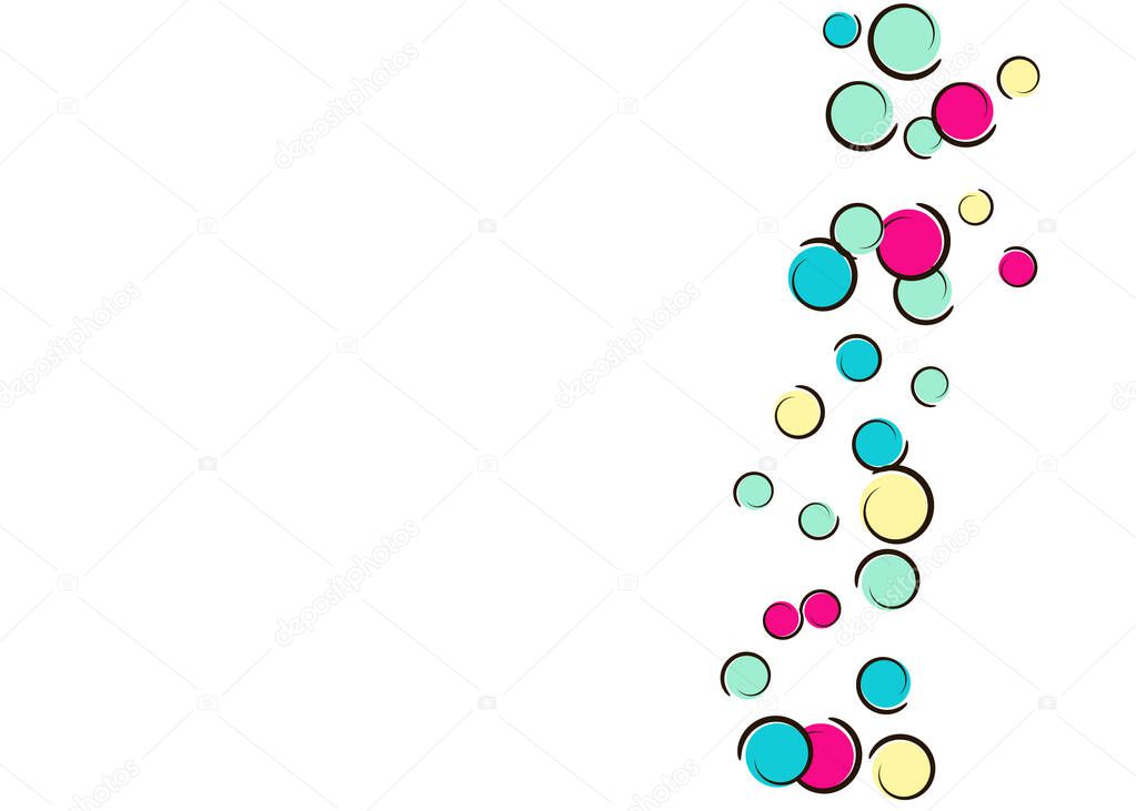 Pop art background with comic polka dot confetti. Big colored spots, spirals and circles on white. Vector illustration. Creative kids splatter for birthday party. Rainbow pop art background.