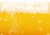 Pivní pozadí s realistickými bublinami. Chladný nápoj pro design jídelního lístku restaurace, bannery a letáky. Žluté horizontální pivní pozadí s bílou pěnou. Studená sklenice piva pro design pivovaru.