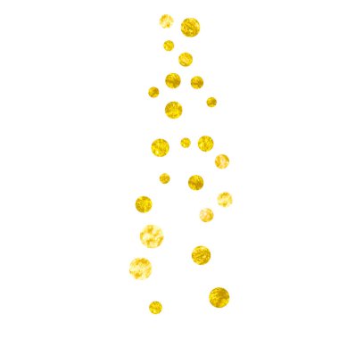 İzole edilmiş arka planda noktalı düğün simleri konfetisi. Metalik pırıltılı ve parıltılı sekolar. Tebrik kartı, düğün öncesi parti ve davetiye için altın parıltılı tasarım..