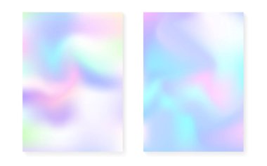 Hologram gradyan arkaplan seti. 90 'lar, 80' ler modası. Broşür, pankart, duvar kağıdı ve mobil ekran için yanardöner grafik şablonu. Neon minimal holografik kapağı.