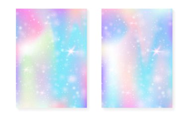Kawaii Prenses Gradient ile gökkuşağı arka planı. Sihirli tek boynuzlu at hologramı. Holografik peri seti. Çok renkli fantezi kapağı. Parıltılı gökkuşağı arkaplanı ve güzel kız partisi daveti için yıldızlar.