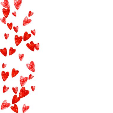 Sevgililer günü çerçevesi kırmızı parıltılı. 14 Şubat günü. Sevgililer Günü şablonu için vektör konfetisi. Grunge el çizimi dokusu. İlan için aşk teması, özel iş teklifi, tanıtım.