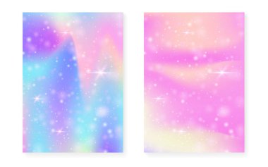 Kawaii gökkuşağı gradyanı olan prenses arkaplanı. Sihirli tek boynuzlu at hologramı. Holografik peri seti. Parlak fantezi kapağı. Hoş kız partisi daveti için pırıltılı ve yıldızlı prenses arkaplanı.