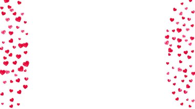 Kalp sınırında pembe parıltılı bir arka plan. Sevgililer Günü. Vektör konfetisi. El yapımı doku. Parti daveti, perakende satış teklifi ve reklam için aşk teması. Kalp sınırlı düğün ve gelin şablonu.