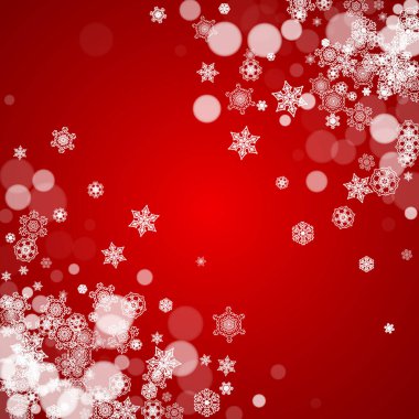 Kırmızı arka planda beyaz kar taneleri olan bir Noel sınırı. Noel Baba renkleri ve ruh hali. Sezon satışları, afişler, davetiyeler, perakende satışlar için mutlu Noeller. Kar yağıyor. Soğuk kış arkaplanı.