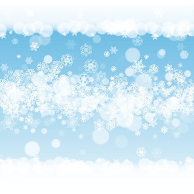 Kış arka planında Noel kar taneleri. Mevsimlik kış afişleri için çerçeve, hediye kuponları, kuponlar, reklamlar, parti etkinlikleri. Mavi gökyüzü ve Noel kar taneleri. Tatil kutlaması için kar yağıyor.