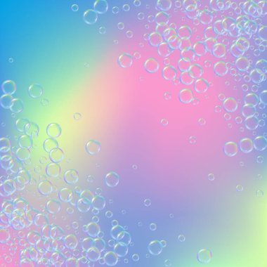 Arkaplanda şampuan kabarcıkları var. Gerçekçi su kabarcıkları 3 boyutlu. Serin gökkuşağı renkli, şampuanlı sıvı köpük. Kozmetik broşür ve davetiye. Banyo ve duş için sabun köpüğü temizliyorum..