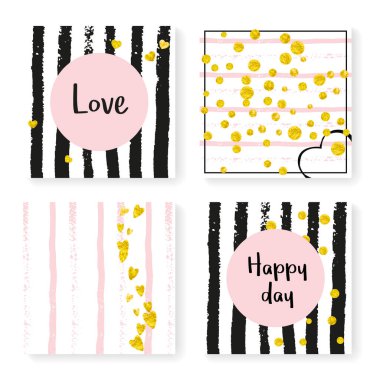 Parlak konfetiyle düğün çizgileri. Davetiye ayarlandı. Siyah ve pembe arka planda altın kalpler ve noktalar. Parti, etkinlik, düğün öncesi parti için çizgili tasarım, tarih kartı kaydet.