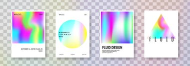 Holografik poster seti. Soyut arka planlar. Gradyan örgülü canlı holografik poster. 90 'lar, 80' ler modası. Broşür, pankart, duvar kağıdı, mobil ekran için Pearlescent grafik şablonu