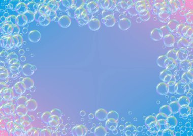 Arkaplanda sabun köpüğü var. Gerçekçi su kabarcıkları 3 boyutlu. Şampuan köpüklü serin gökkuşağı renkli sıvı köpük. Yatay kozmetik broşür ve davetiye. Banyo ve duş için sabun köpüğü. Vektör EPS10.