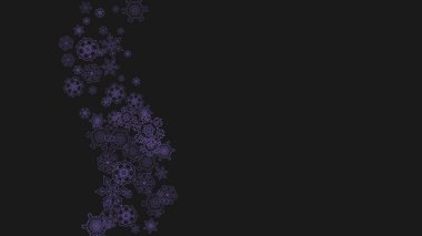 Ultraviyole karla kaplı kar taneleri sınırı. Hediye kuponları, kuponlar, reklamlar, parti etkinlikleri için kış çerçevesi. Tatil afişi için kar tanesi sınırlı bir Noel arkaplanı. Yeni yıl dondurucu zemin